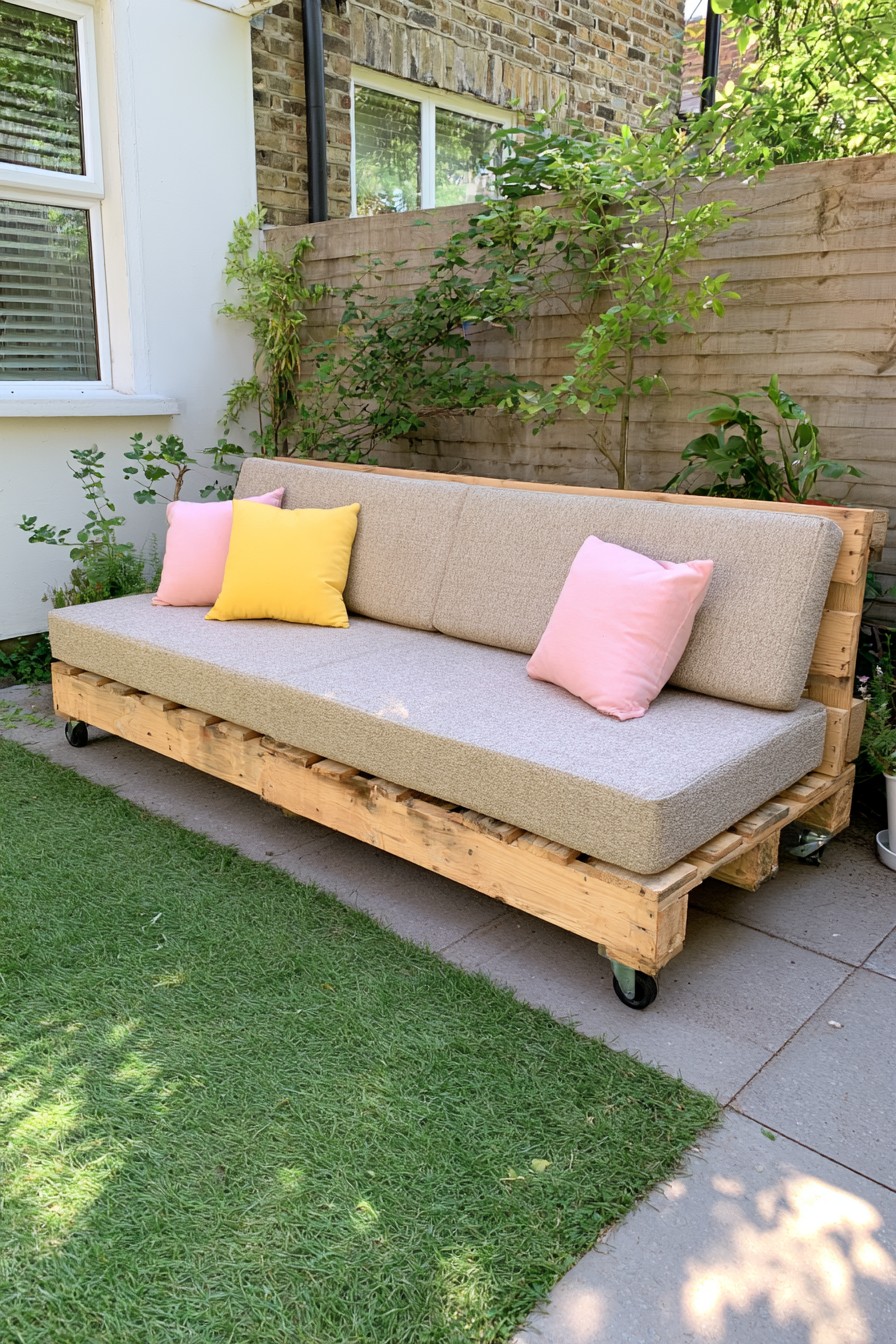 Pallet lounge bench with removable outdoor cushions