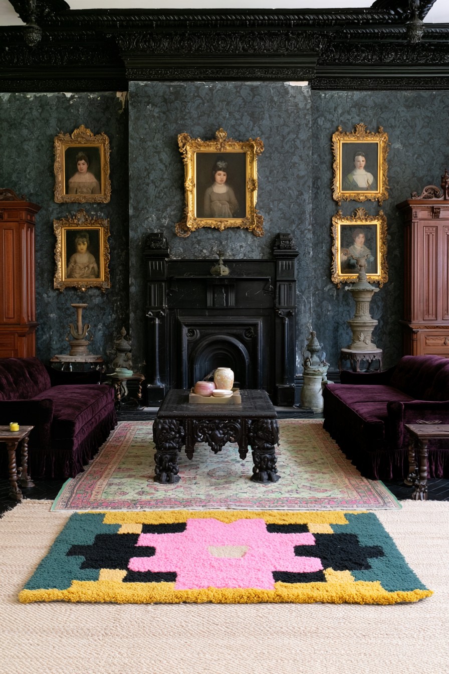 Plum sofas in a blue gray room with black trim, gilt portrait frames, tall timber cabinets, and a carved coffee table