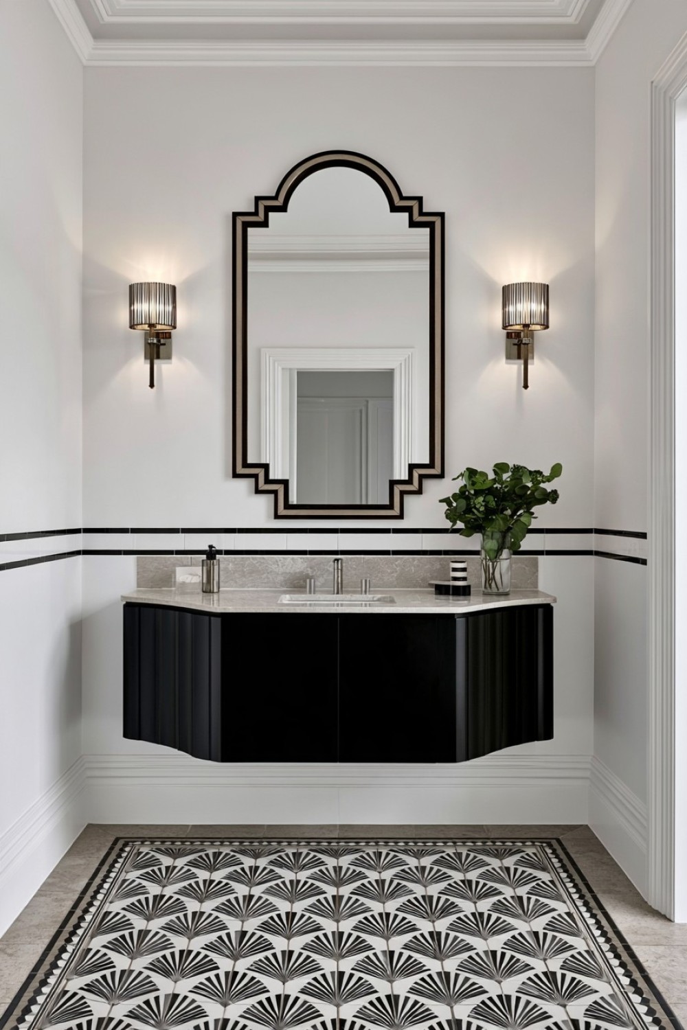 Art Deco inspired bathroom decorated in black and white