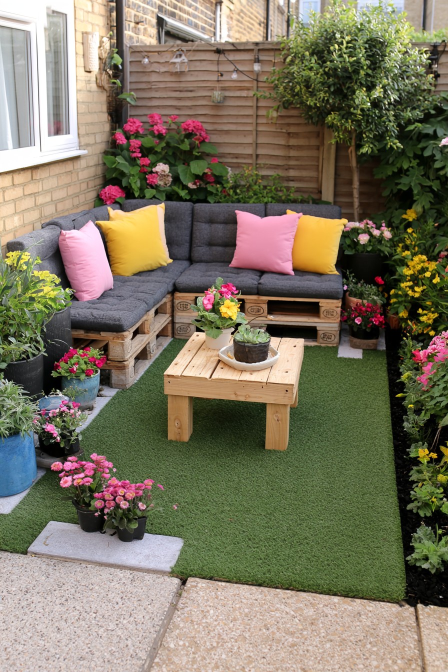 Compact pallet corner seating with dark tailored cushions