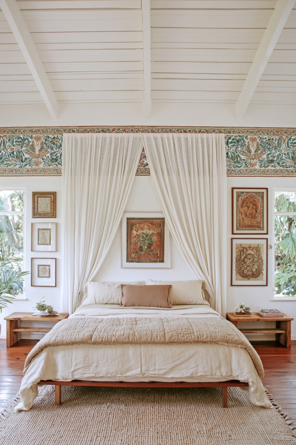Bohemian bedroom canopy made with softly draped fabric