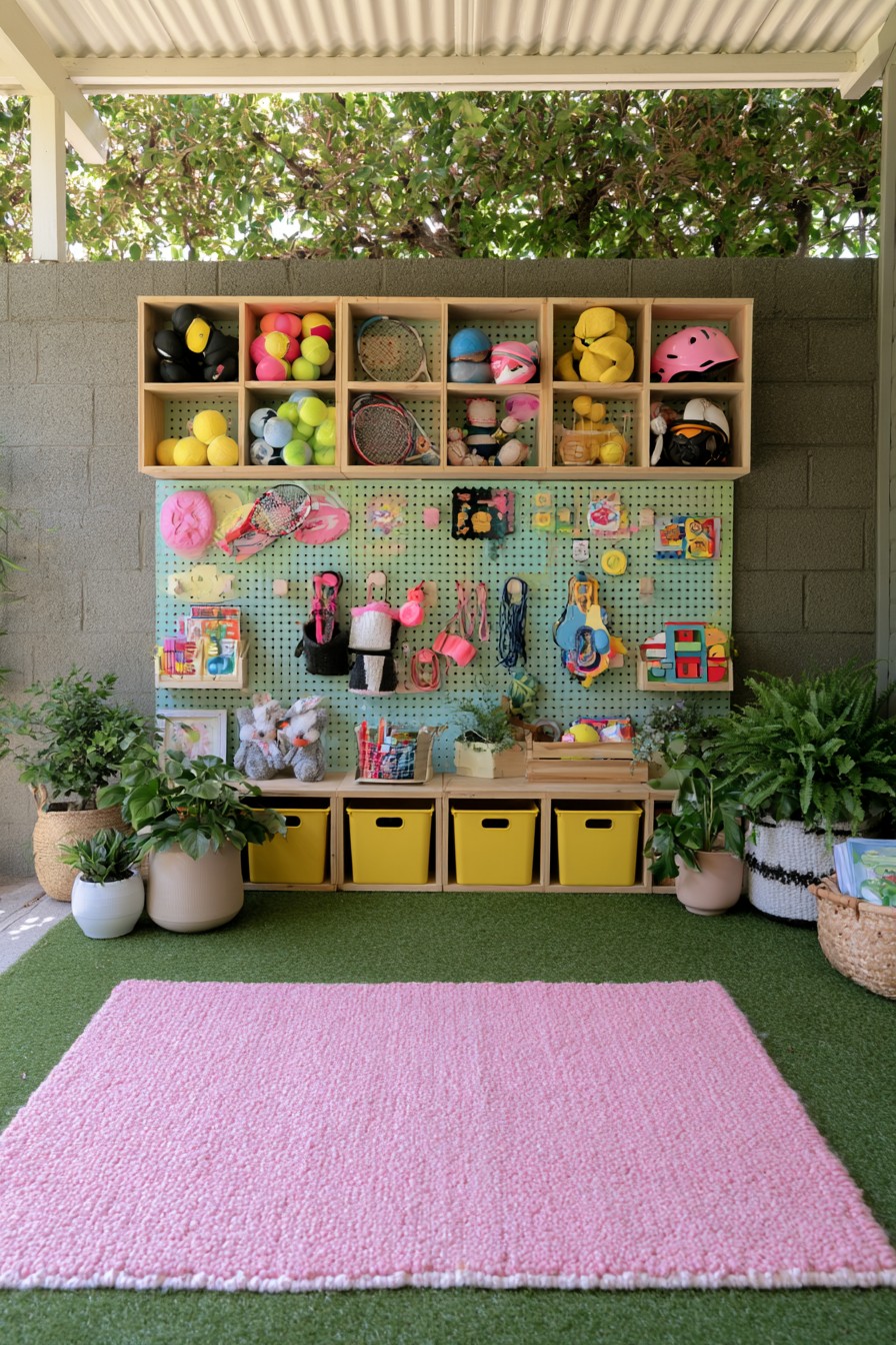 Outdoor organizer holding balls and backyard sports equipment