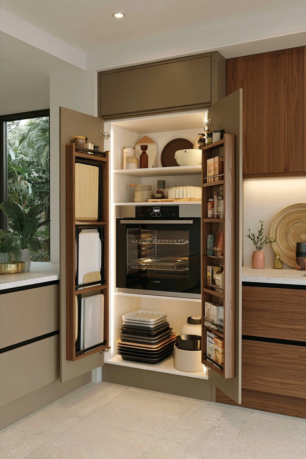 Narrow kitchen cabinet converted into vertical baking storage