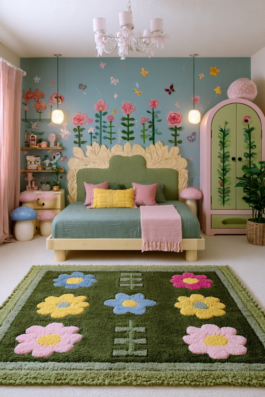 Princess bedroom with botanical decorations and woodland colors