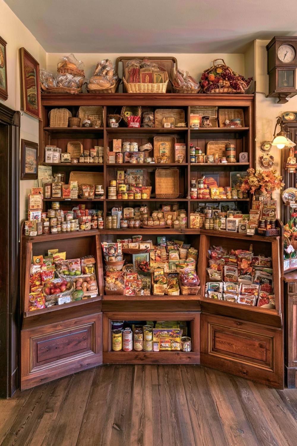 Fresh produce corner displayed in slanted wooden general store bins