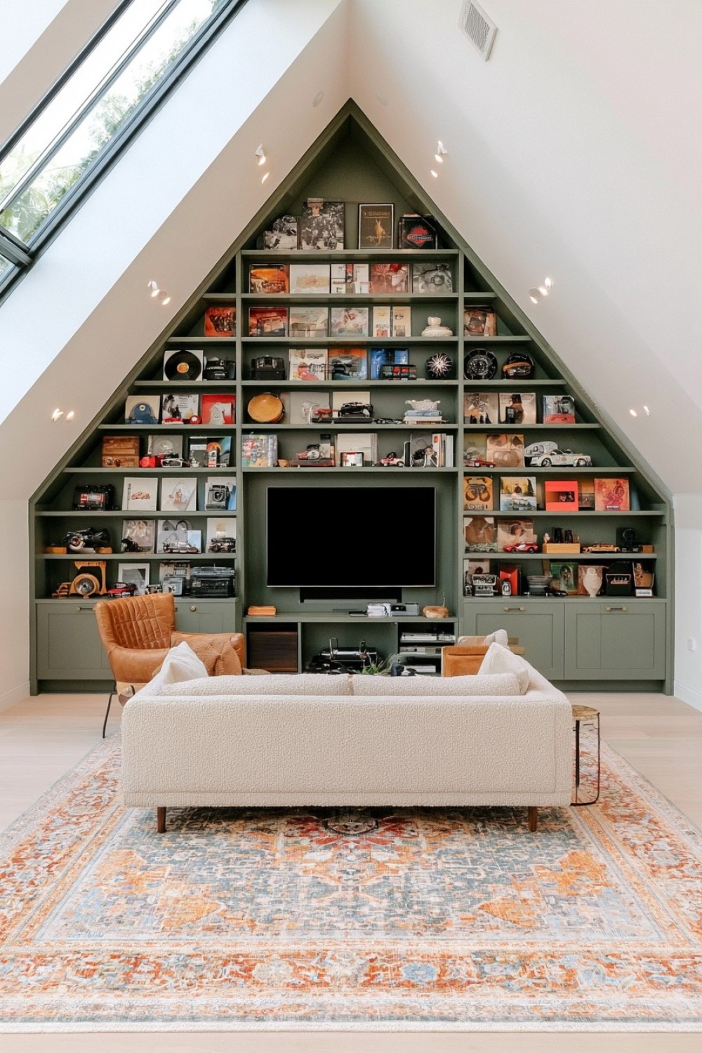 Attic entertainment gallery with an organized collection display