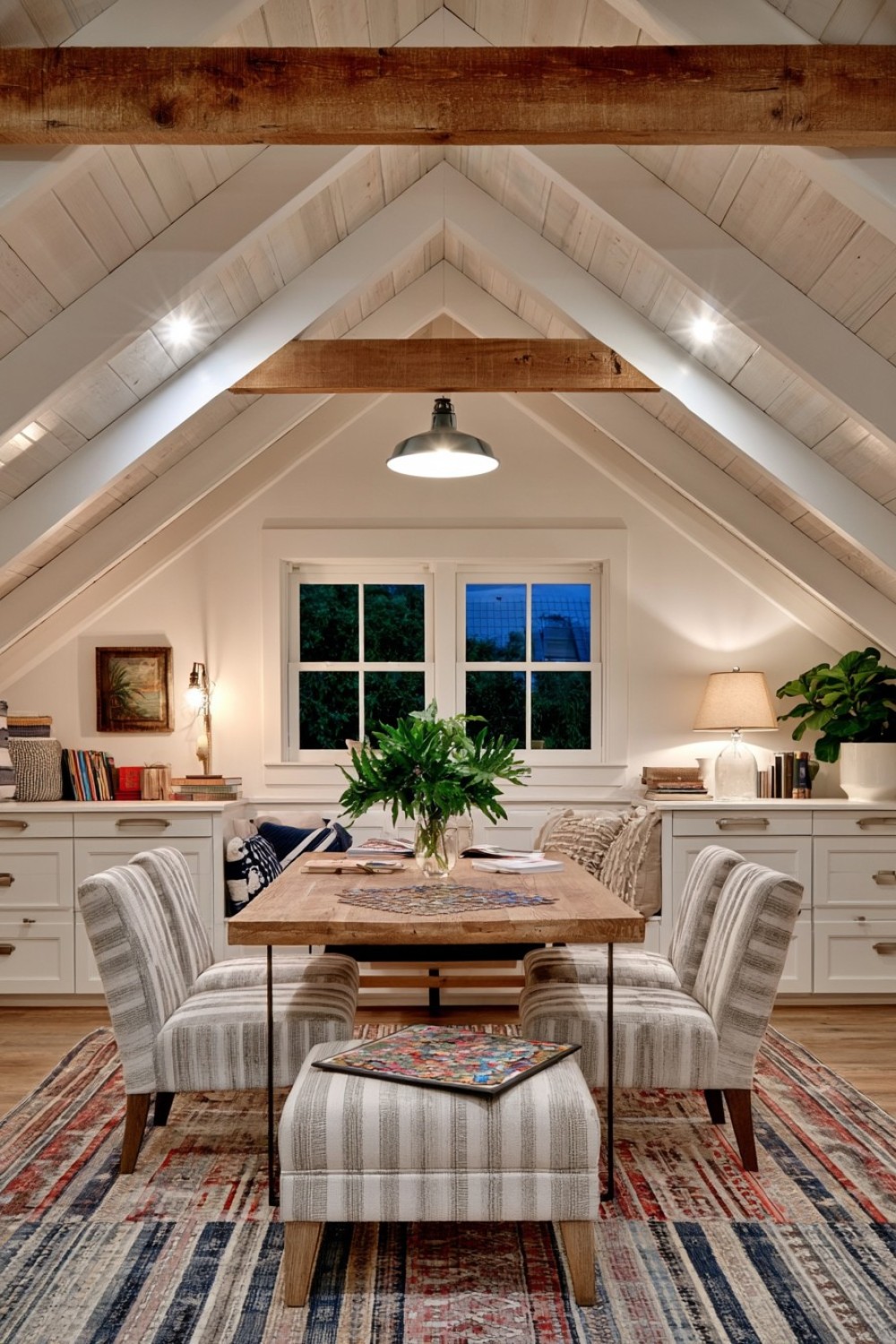 Attic puzzle and strategy game room beneath the rafters