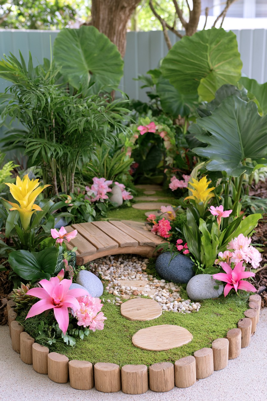 Mini wooden bridge surrounded by tropical foliage and colorful flowers