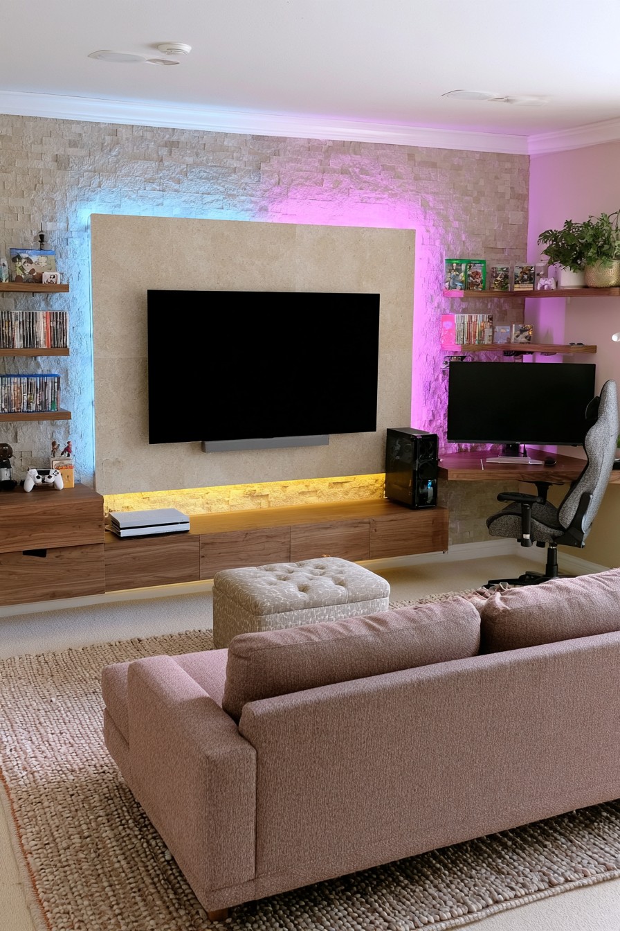 Pale television panel set in front of a stone textured wall with timber cabinetry, colored backlighting, and a side PC desk