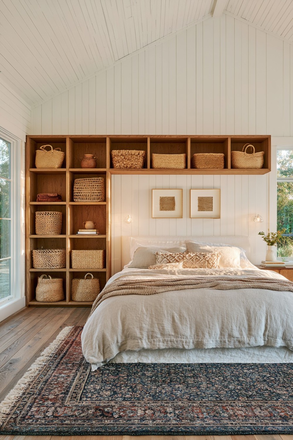 Natural-fiber basket storage arranged in a bohemian bedroom