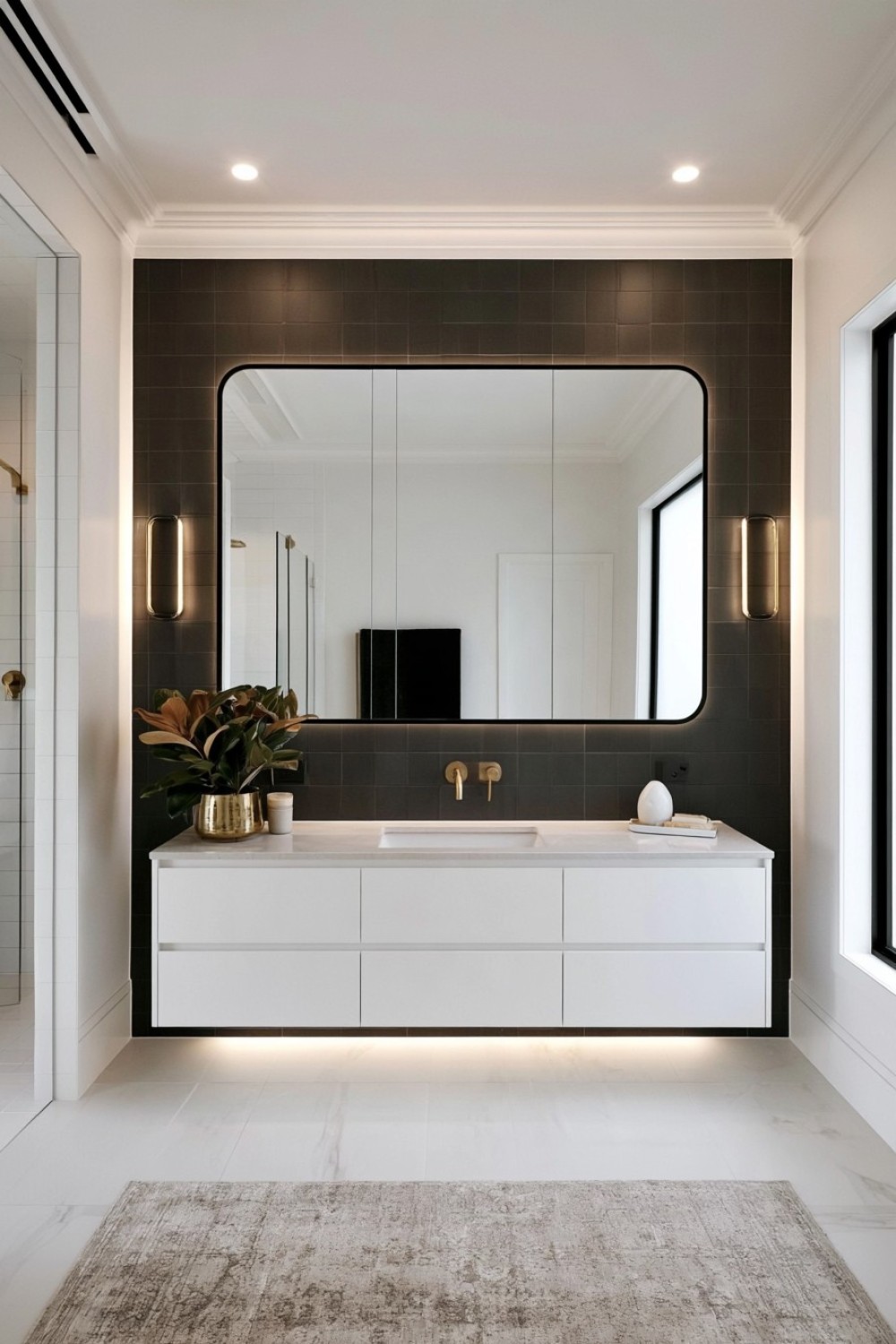 White floating vanity installed against matte black bathroom walls