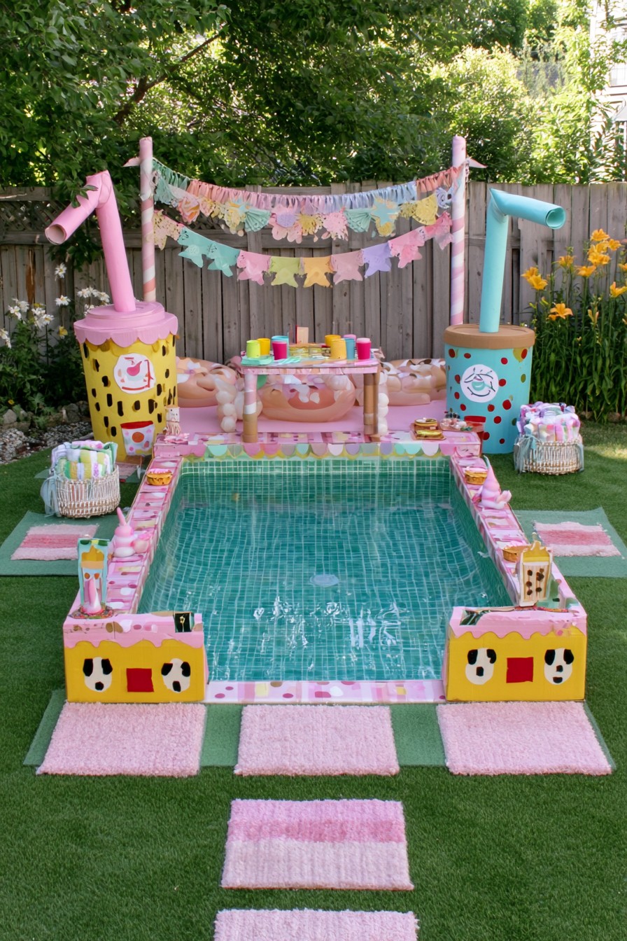 Bubble tea-themed pool with oversized drink-cup props, angled straw decorations, and pastel bunting