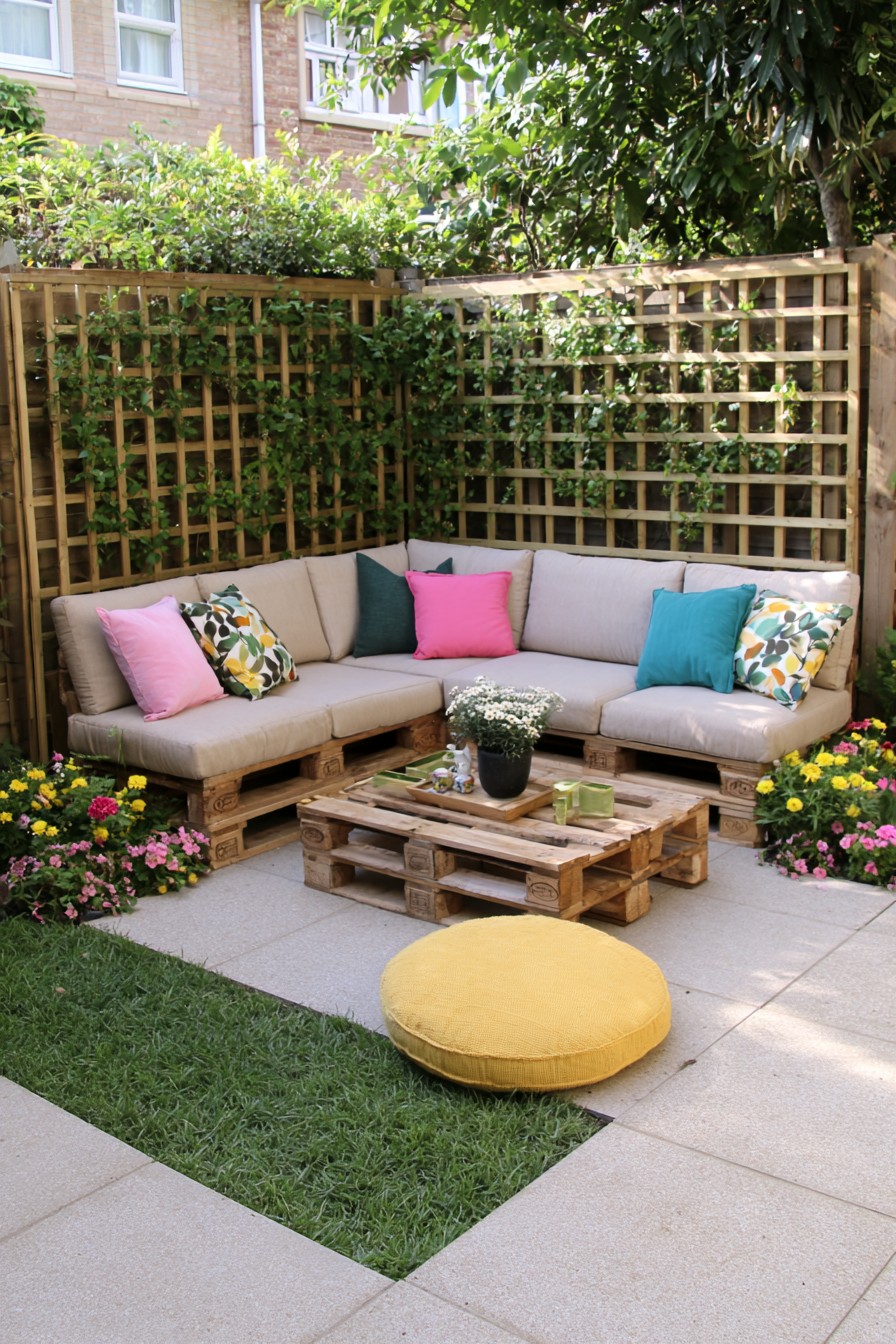 Neutral pallet seating backed by a timber garden trellis