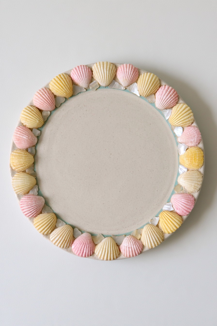 Pastel seashell decorative tray with pink cream and yellow shells
