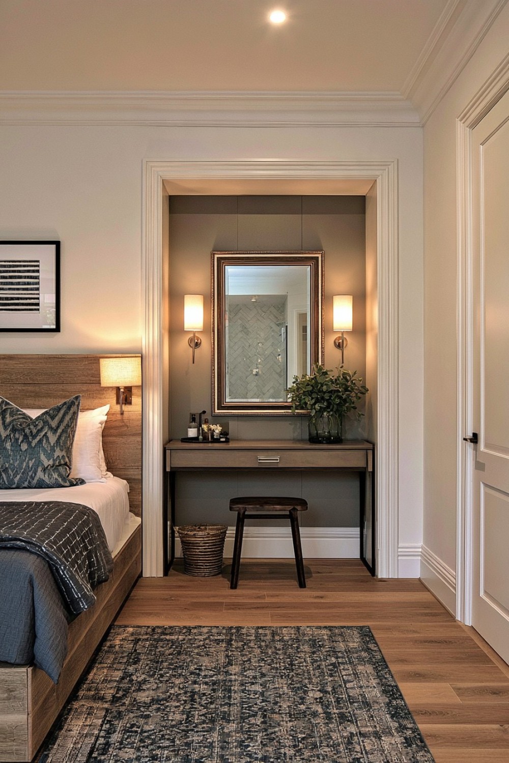 Small vanity vestibule connecting a basement bedroom and ensuite
