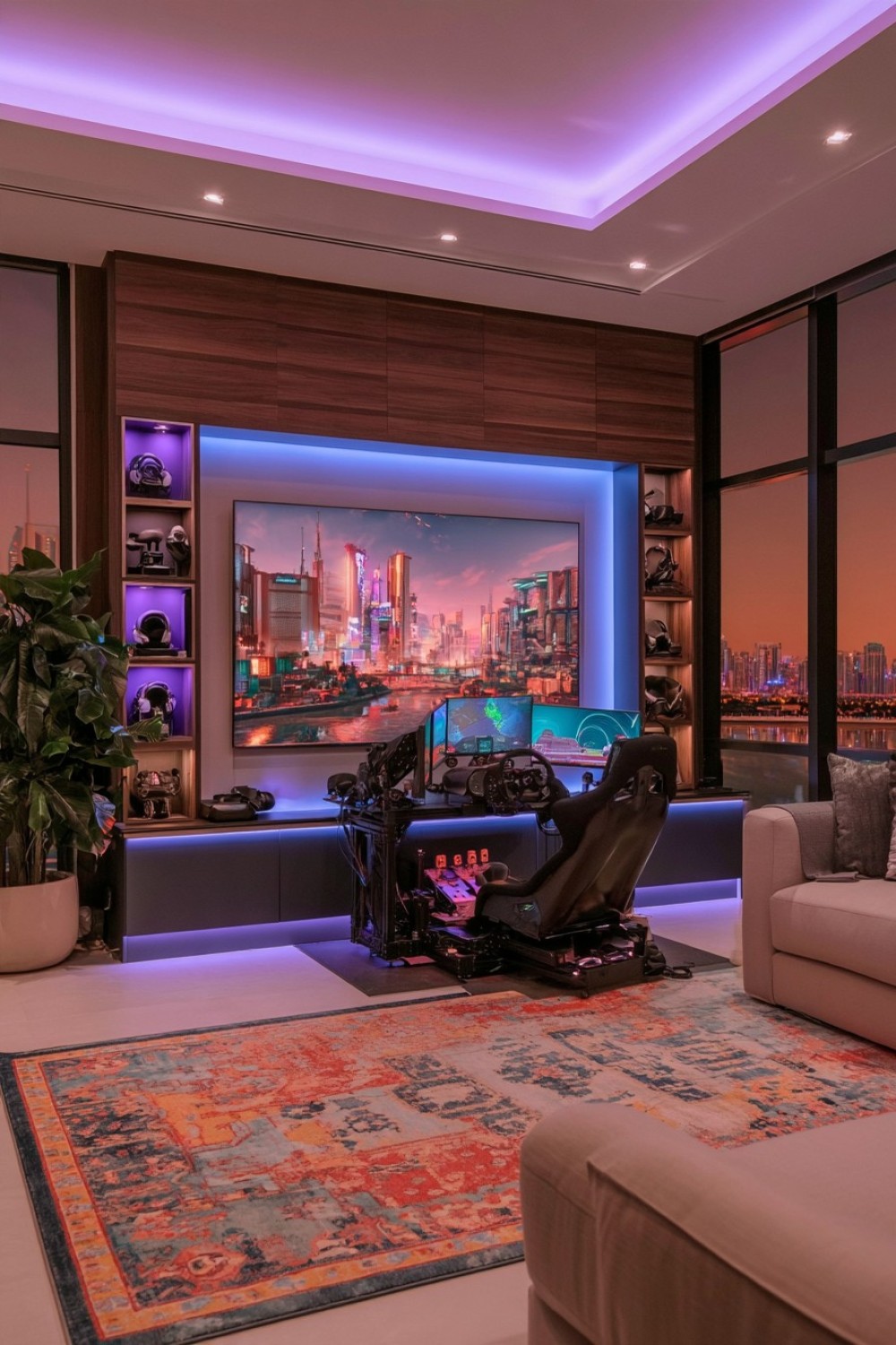 Dedicated gaming simulation corner with architectural storage