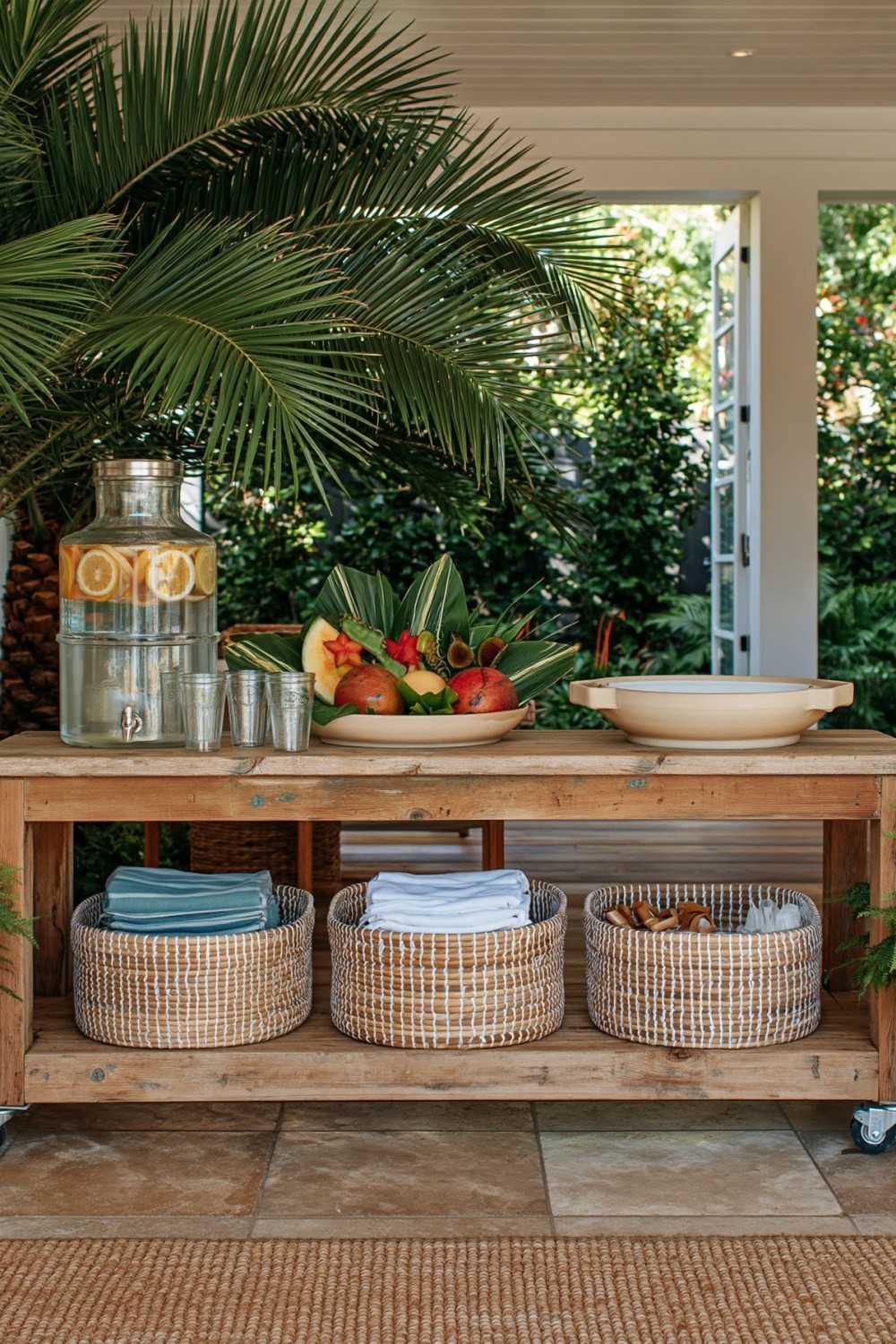 Compact tropical patio serving station with organized drink storage