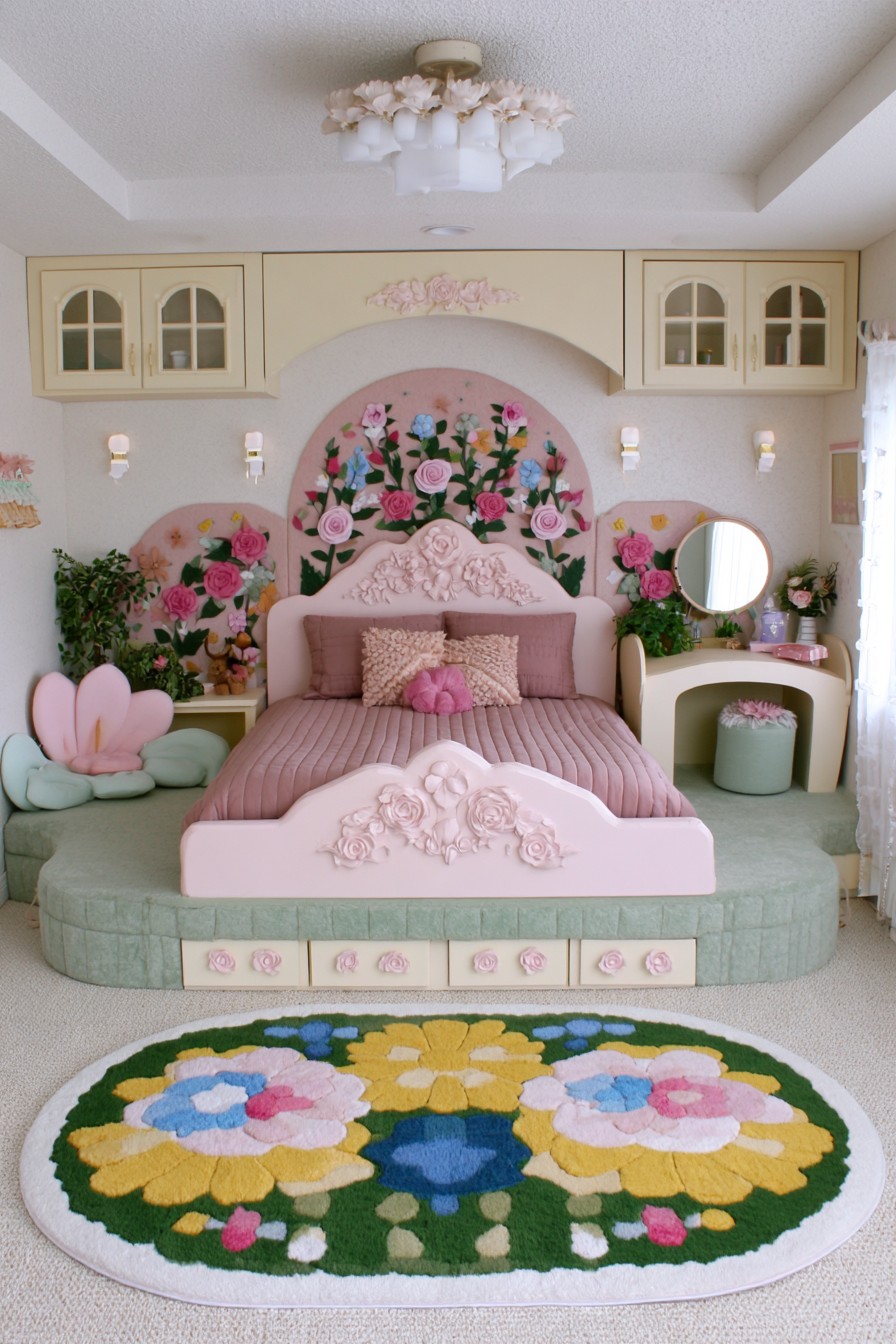 Rose garden princess bedroom with built in drawers and floral panels