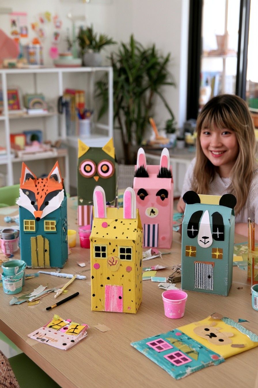 Clean milk cartons decorated as colorful animal houses