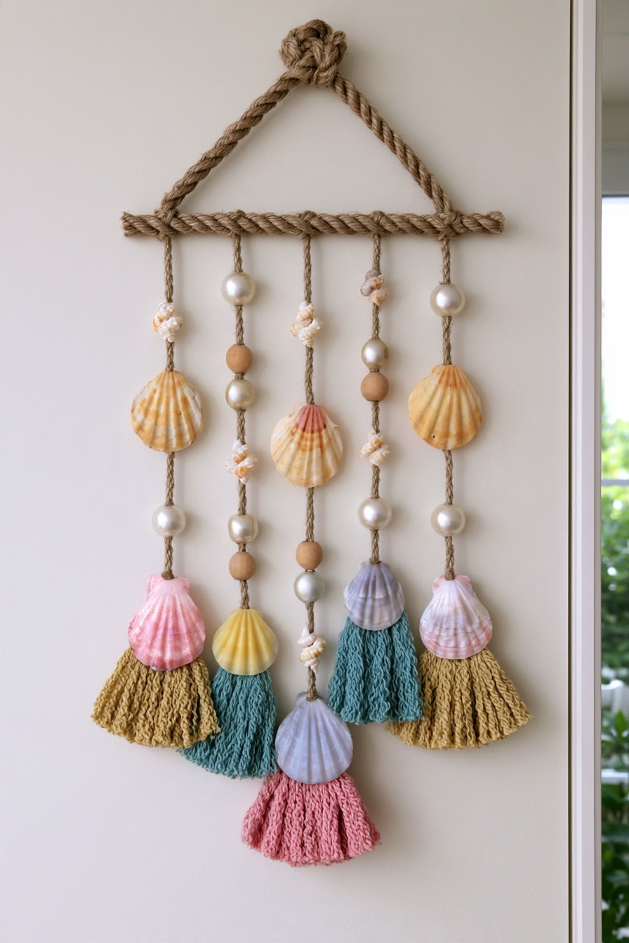 Handmade seashell and natural rope wall hanging with beads and tassels