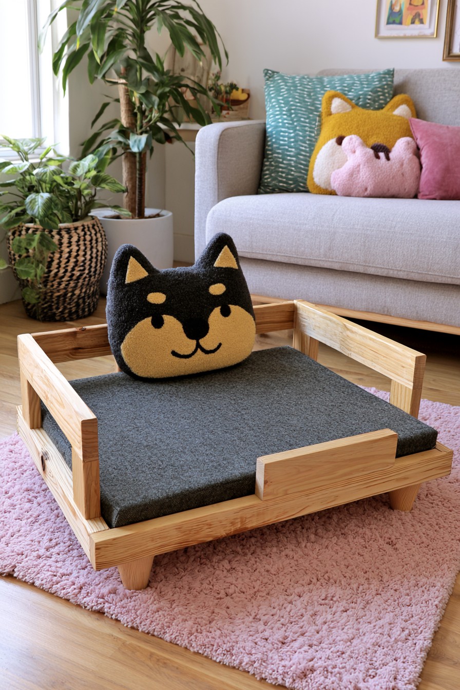 Low wooden lounge seat with thick upholstered cushion