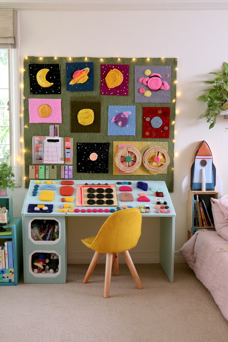 Pale blue slanted play console with colorful controls beneath moon and planet wall panels