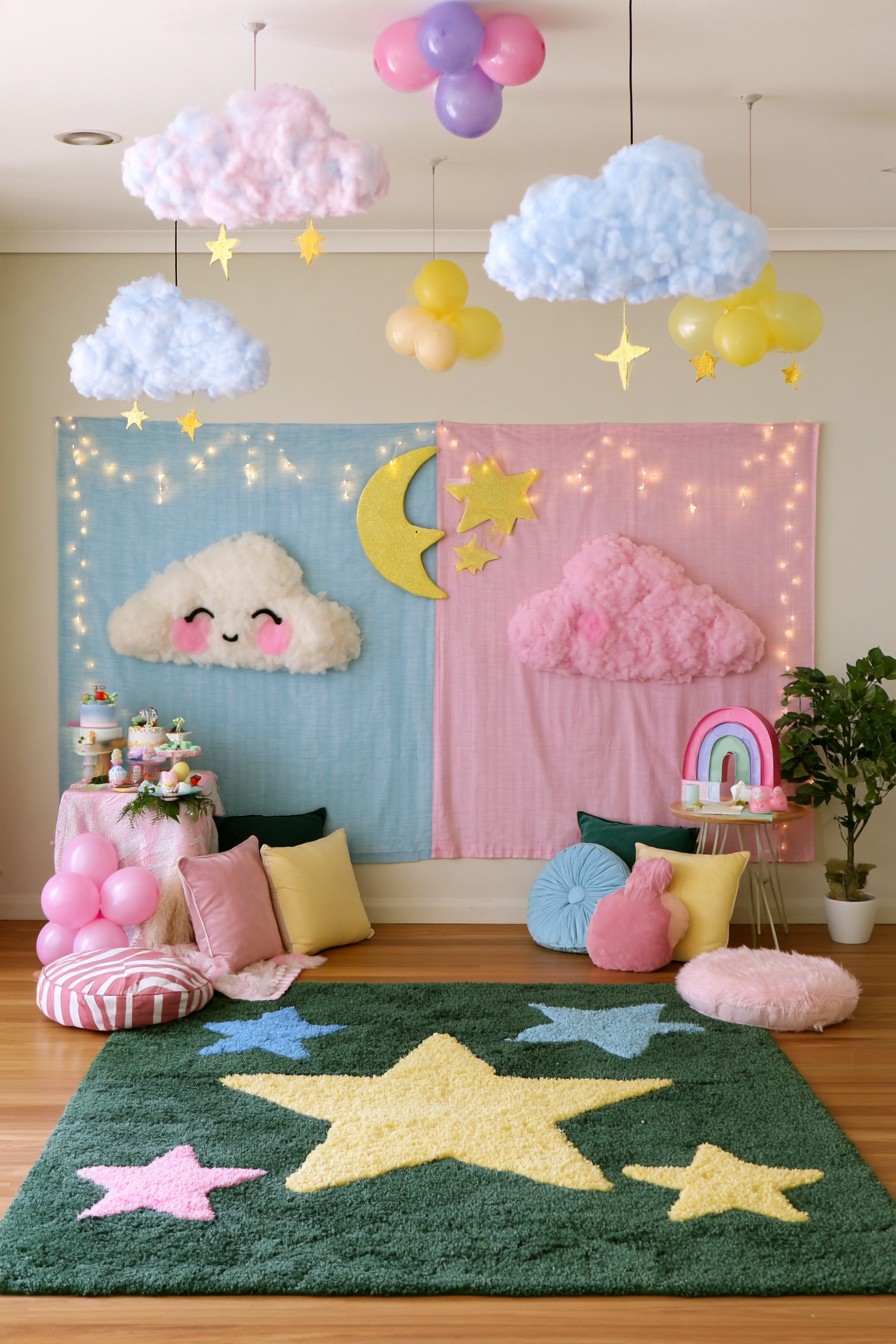 Pink and blue cloud and star gender reveal lounge with cushions and rugs