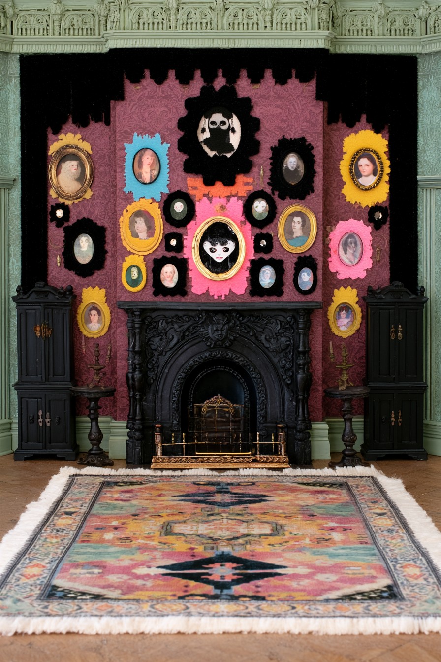 Black ornate fireplace beneath a mixed portrait gallery with pink, yellow, and blue decorative backings