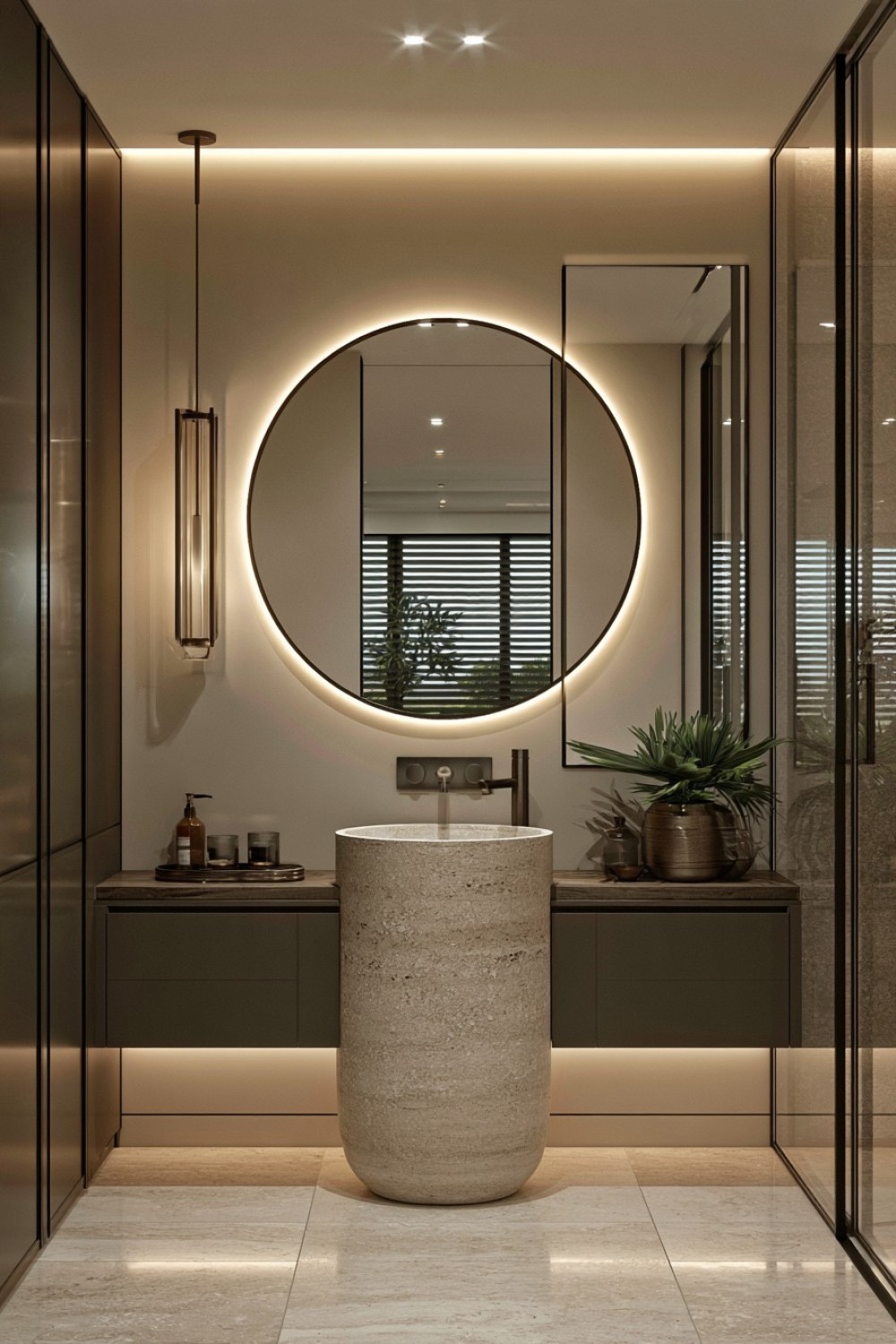 Sculptural freestanding basin in a contemporary bathroom