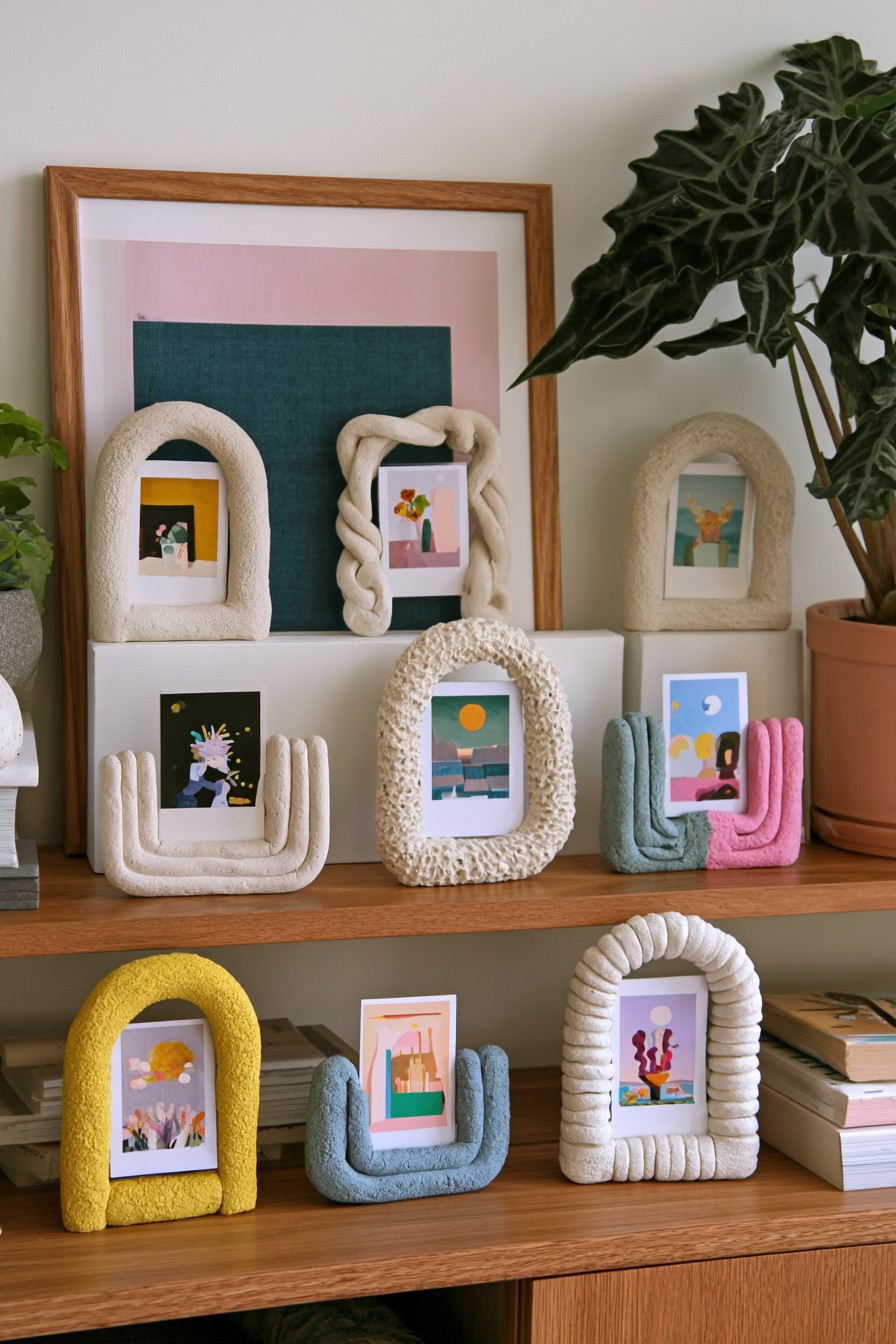 Small colorful sculptural clay picture frames displayed on a console