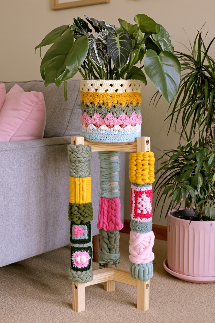 Plant stand decorated with chunky crochet covers and colorful yarn