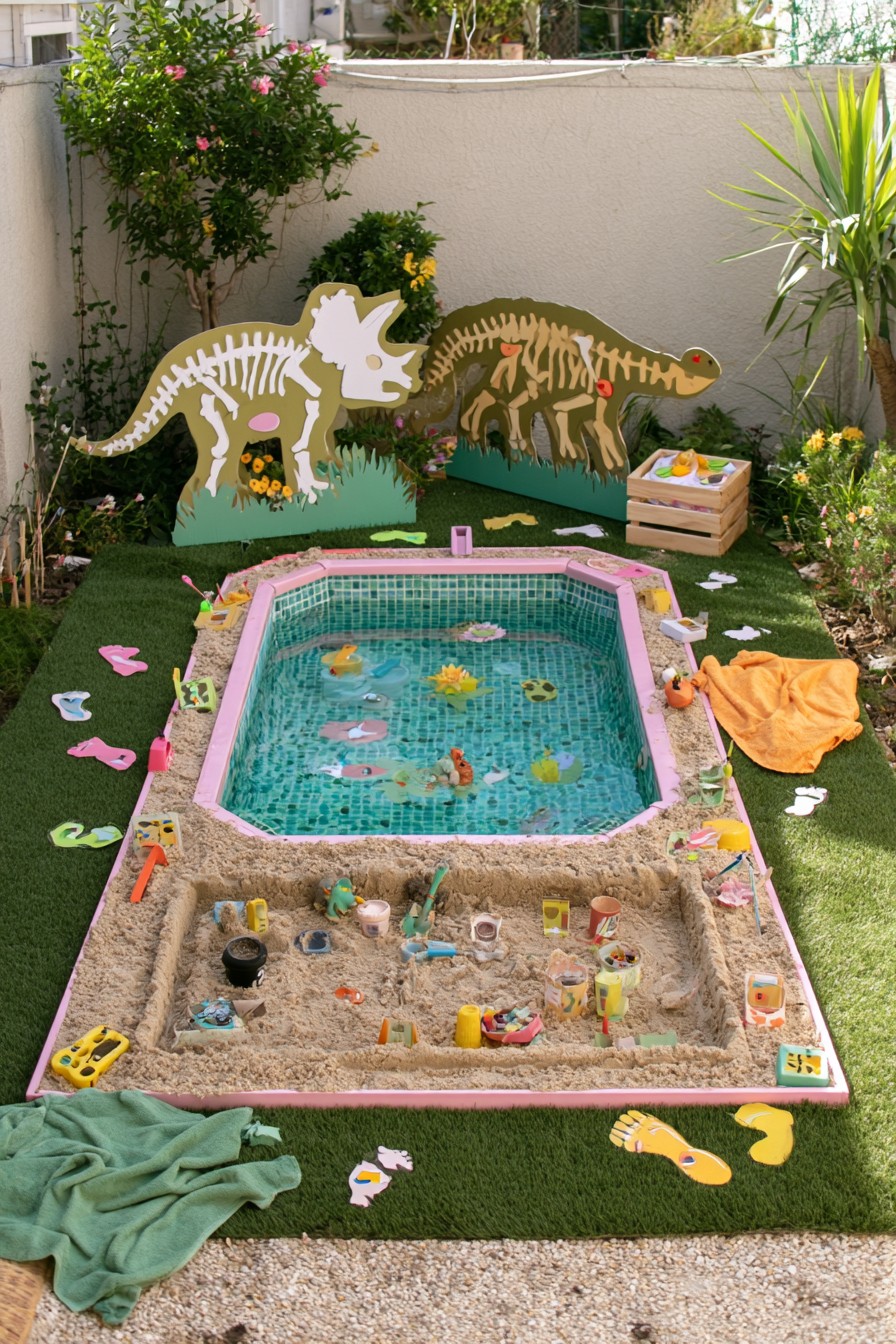 Dinosaur-themed pool beside a sand digging area with toy tools and a dinosaur backdrop