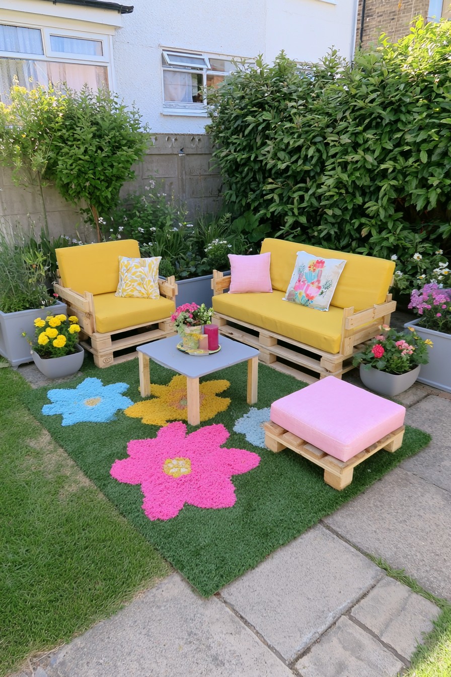 Pallet conversation seating with a matching outdoor ottoman