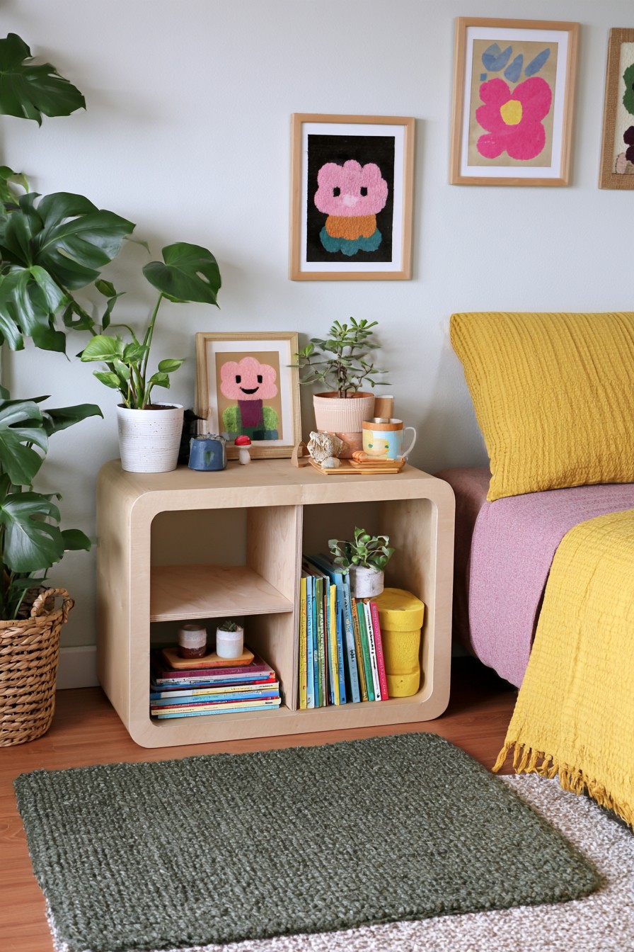 Rounded plywood side table with open book storage