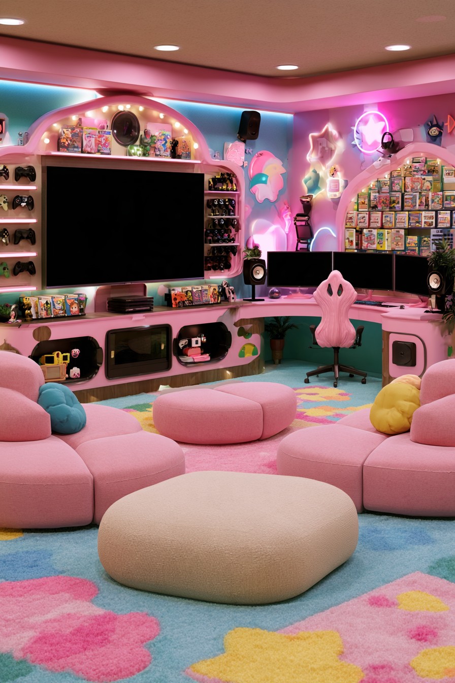 Pink and aqua gaming room with curved media cabinetry, a three monitor desk, rounded pink seats, and floral rug