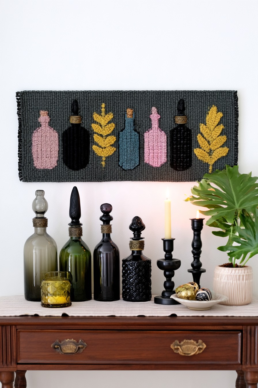 Green, gray, and black decorative bottles beneath a textile wall panel showing bottles and golden foliage