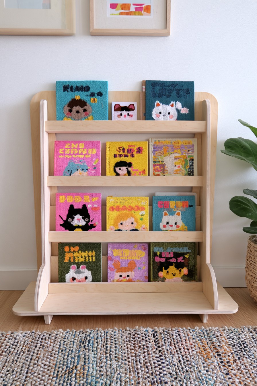 Tiered wooden display rack for books and small artwork