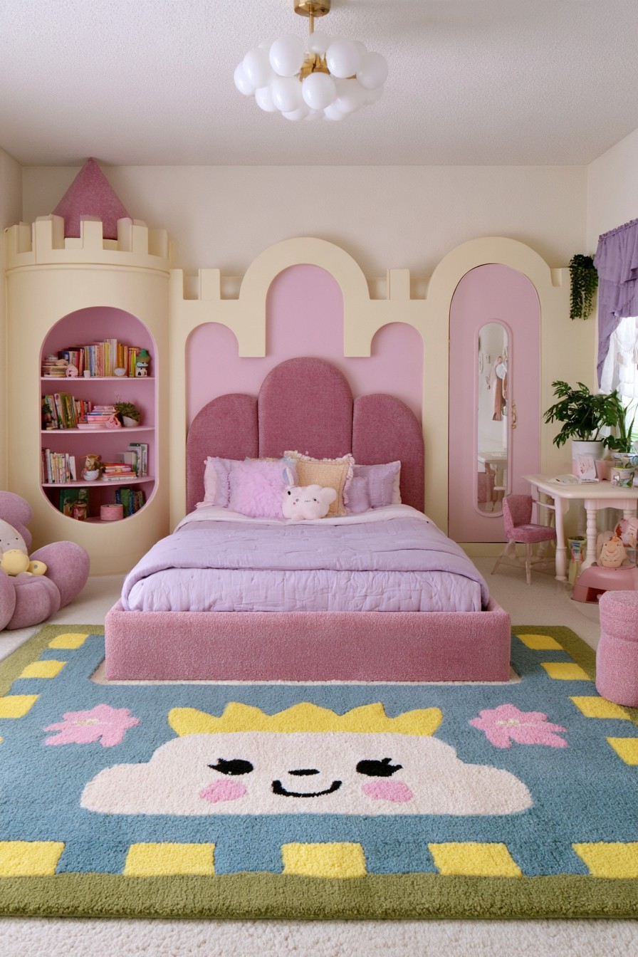 Pastel princess bedroom with castle shaped storage towers