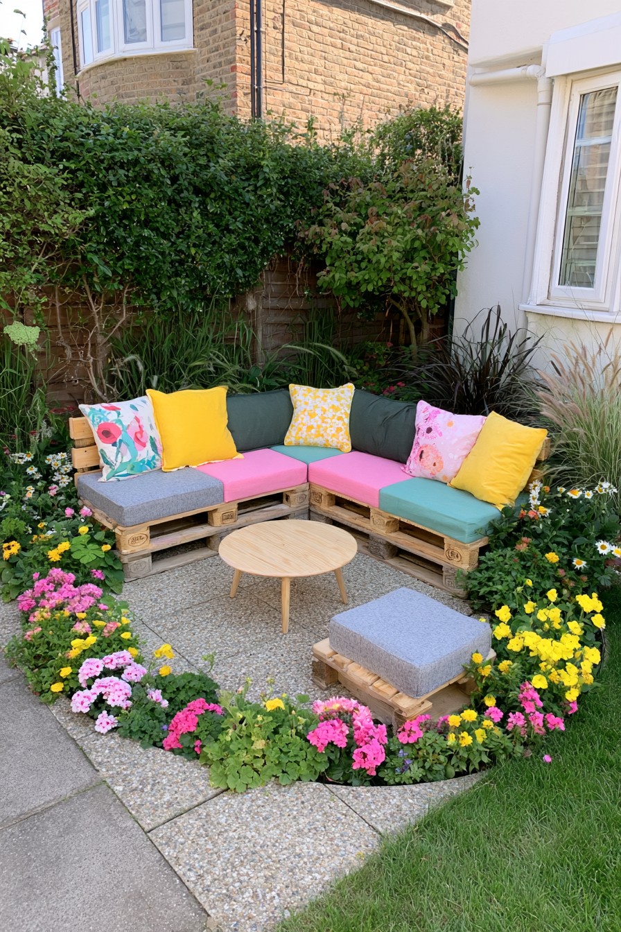 Pallet lounge surrounded by a curved flower garden border