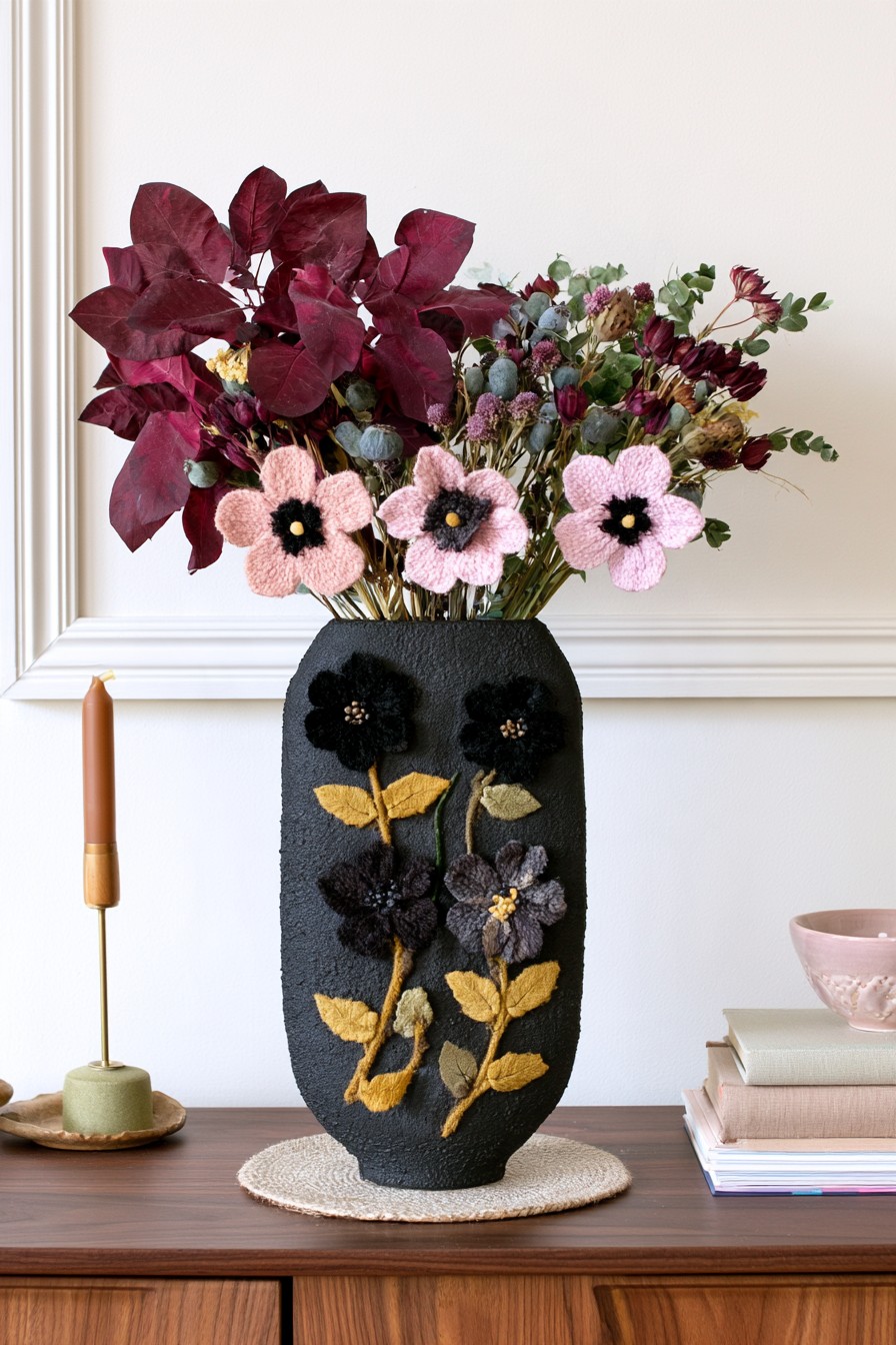 Textured black vase with raised floral decorations, burgundy foliage, and pale pink flowers on a wooden cabinet
