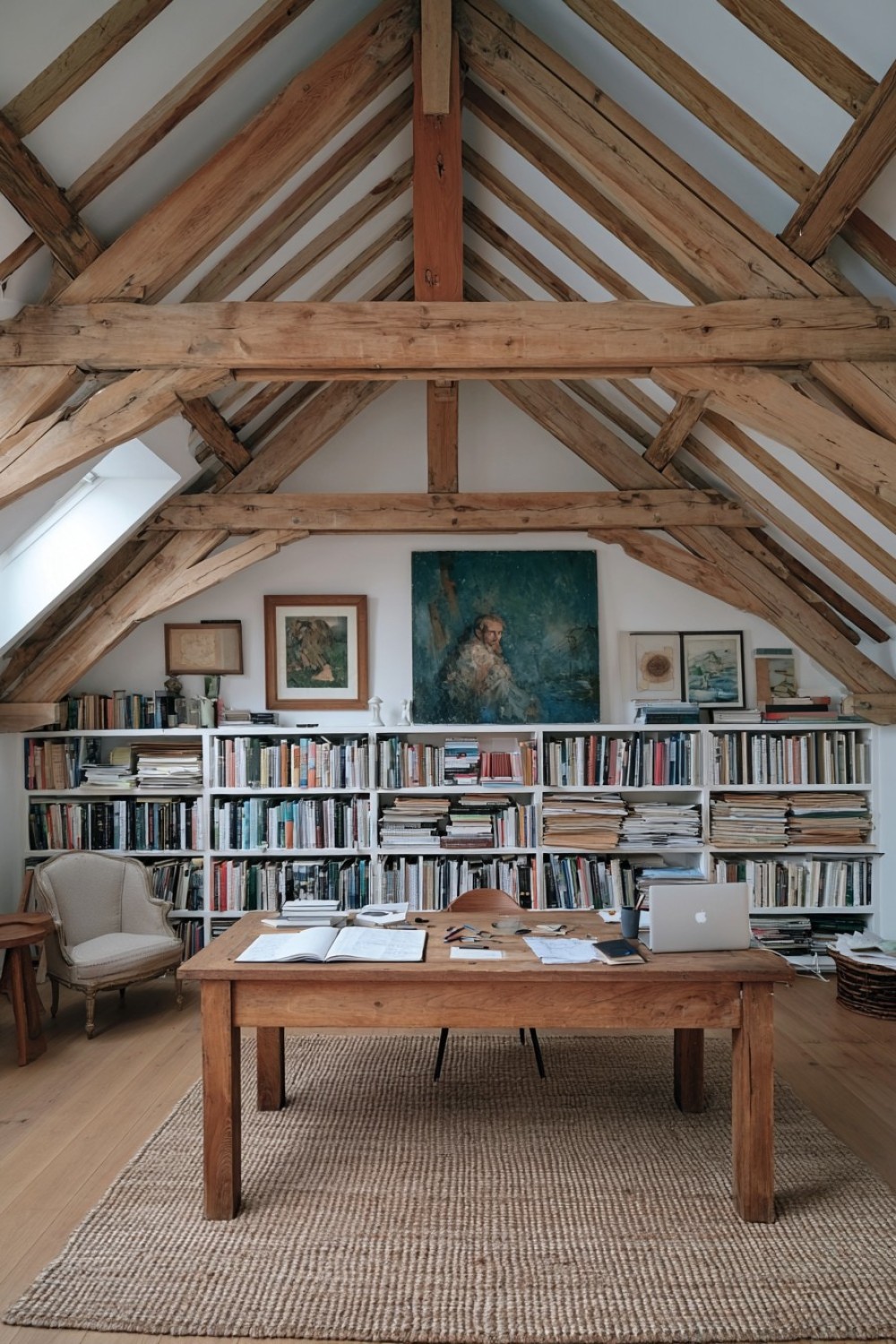 Minimal attic writing studio beneath exposed roof rafters