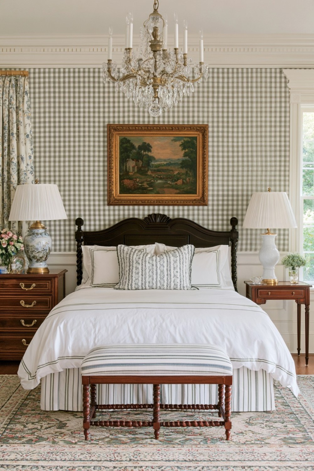 Pleated fabric lampshades softening dark traditional bedroom furniture
