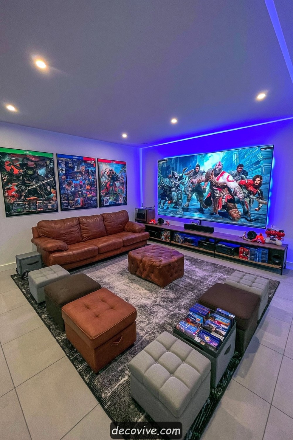 Video gaming room with flexible ottoman seating for group game nights