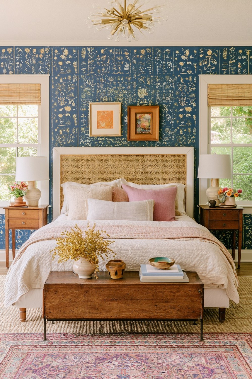 Bold wallpaper paired with restrained vintage bedroom furniture
