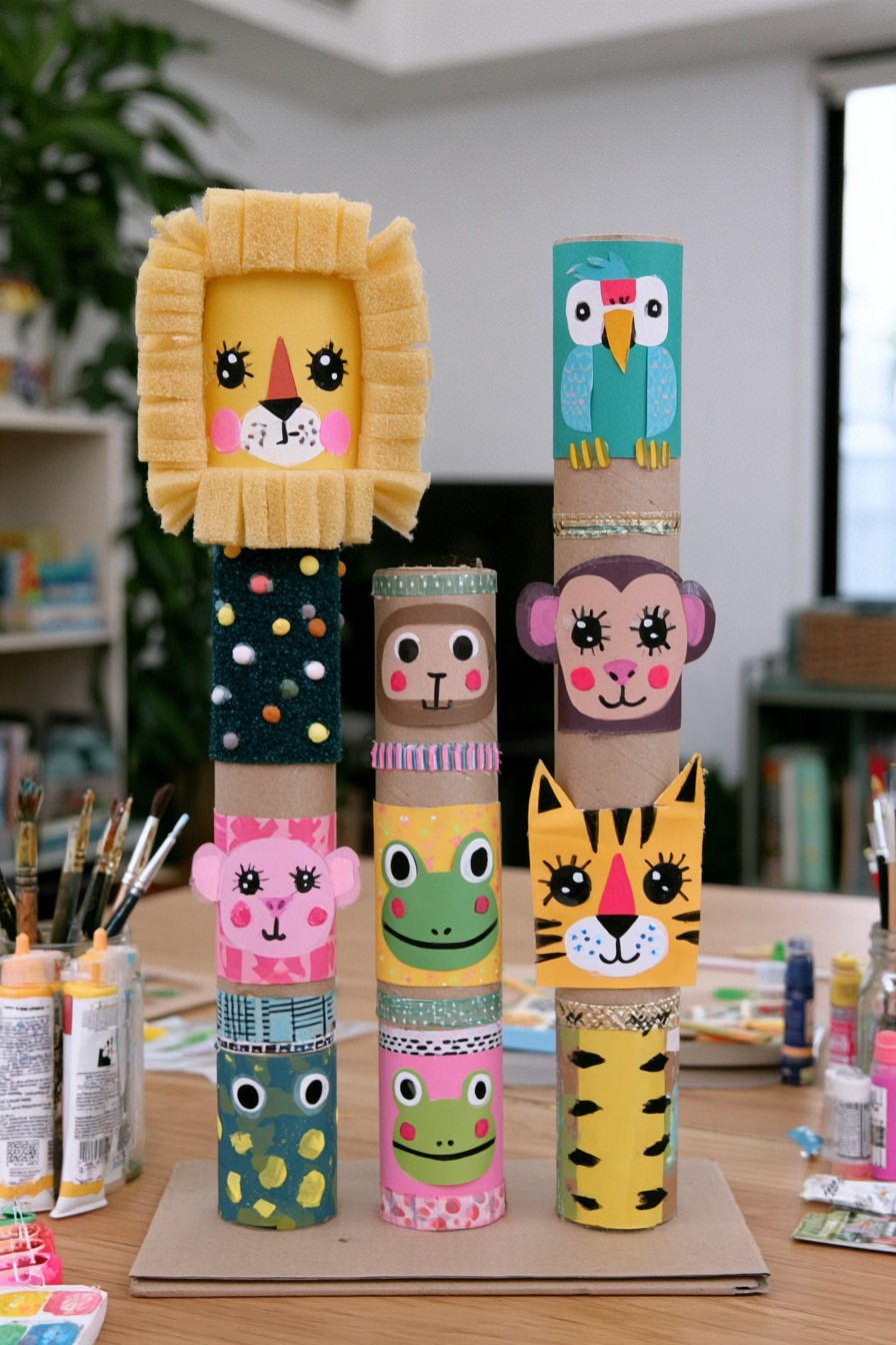 Stacked recycled cardboard tubes decorated as jungle animals