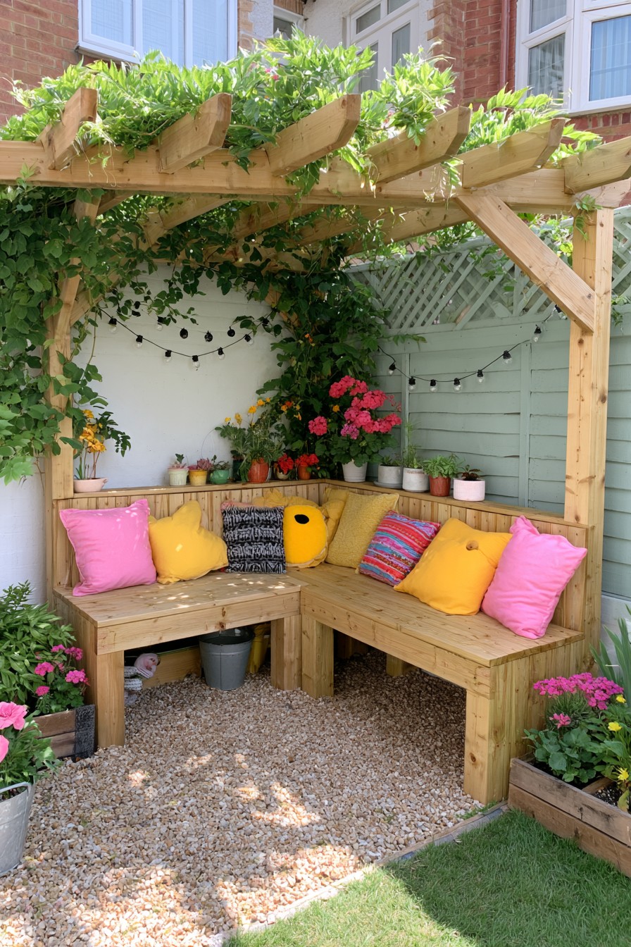 Corner pergola with a built-in garden bench