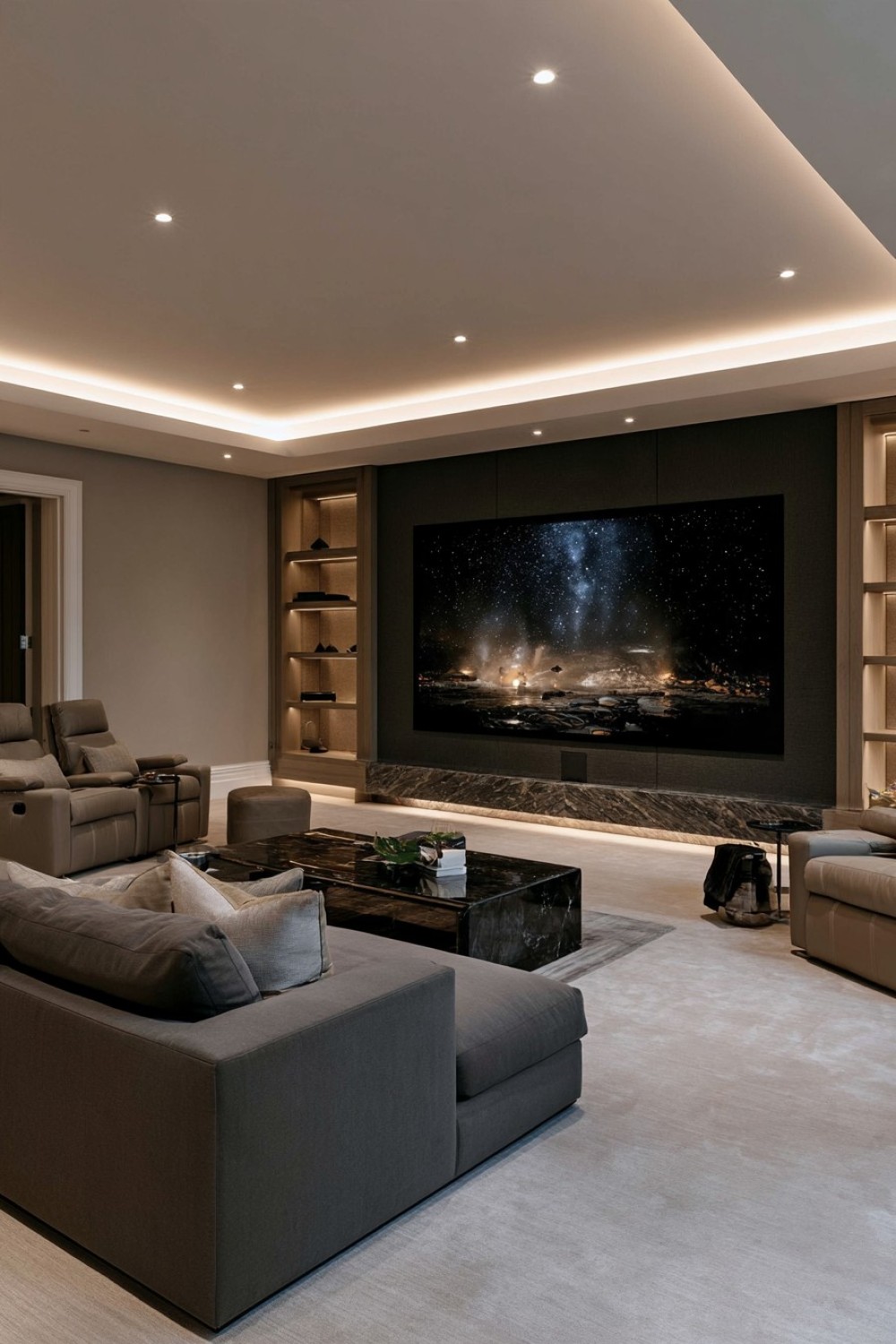 Basement theater equipment concealed behind an acoustically transparent screen wall