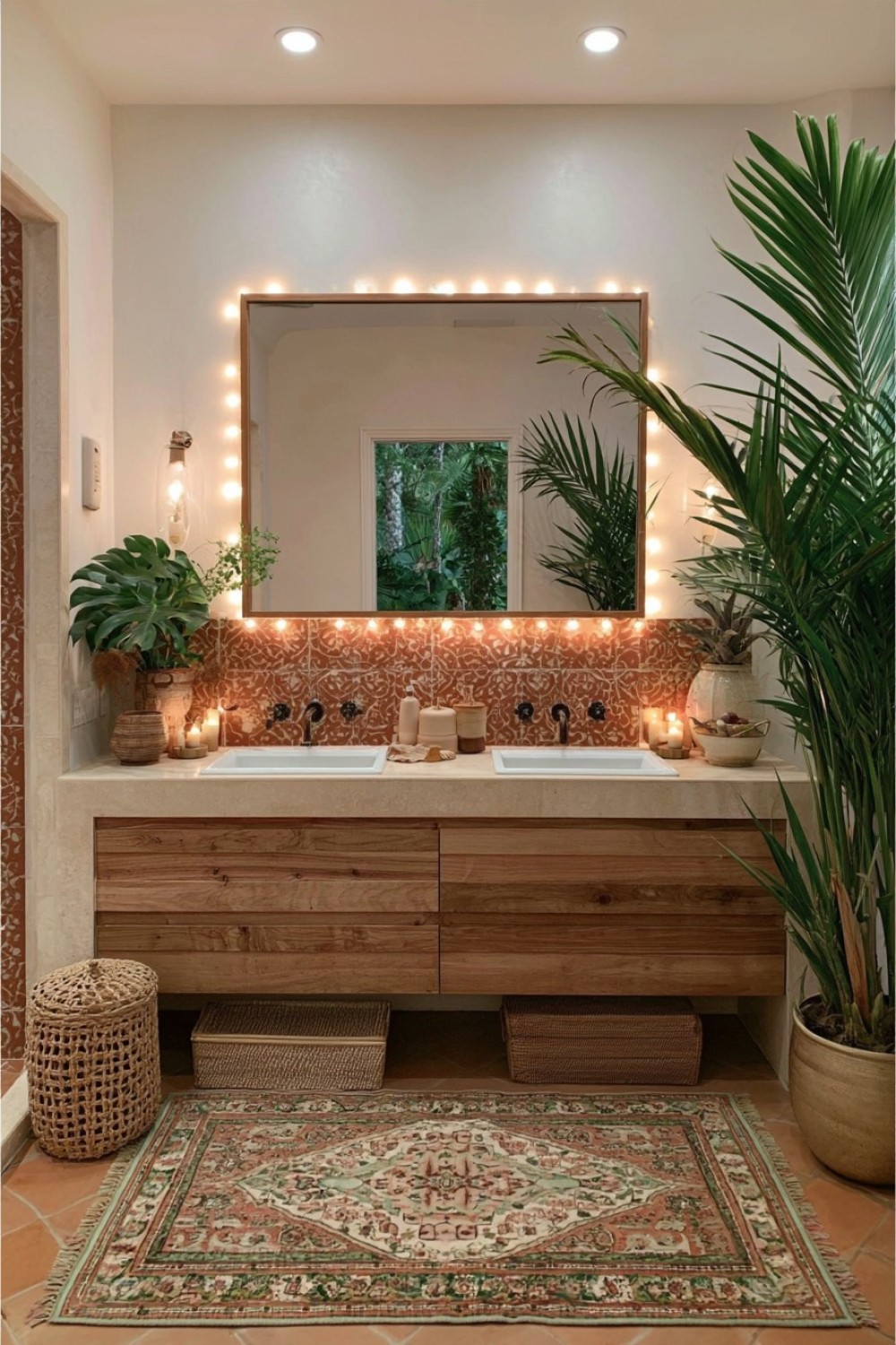Earthy boho bathroom palette combining rust, sand, and charcoal