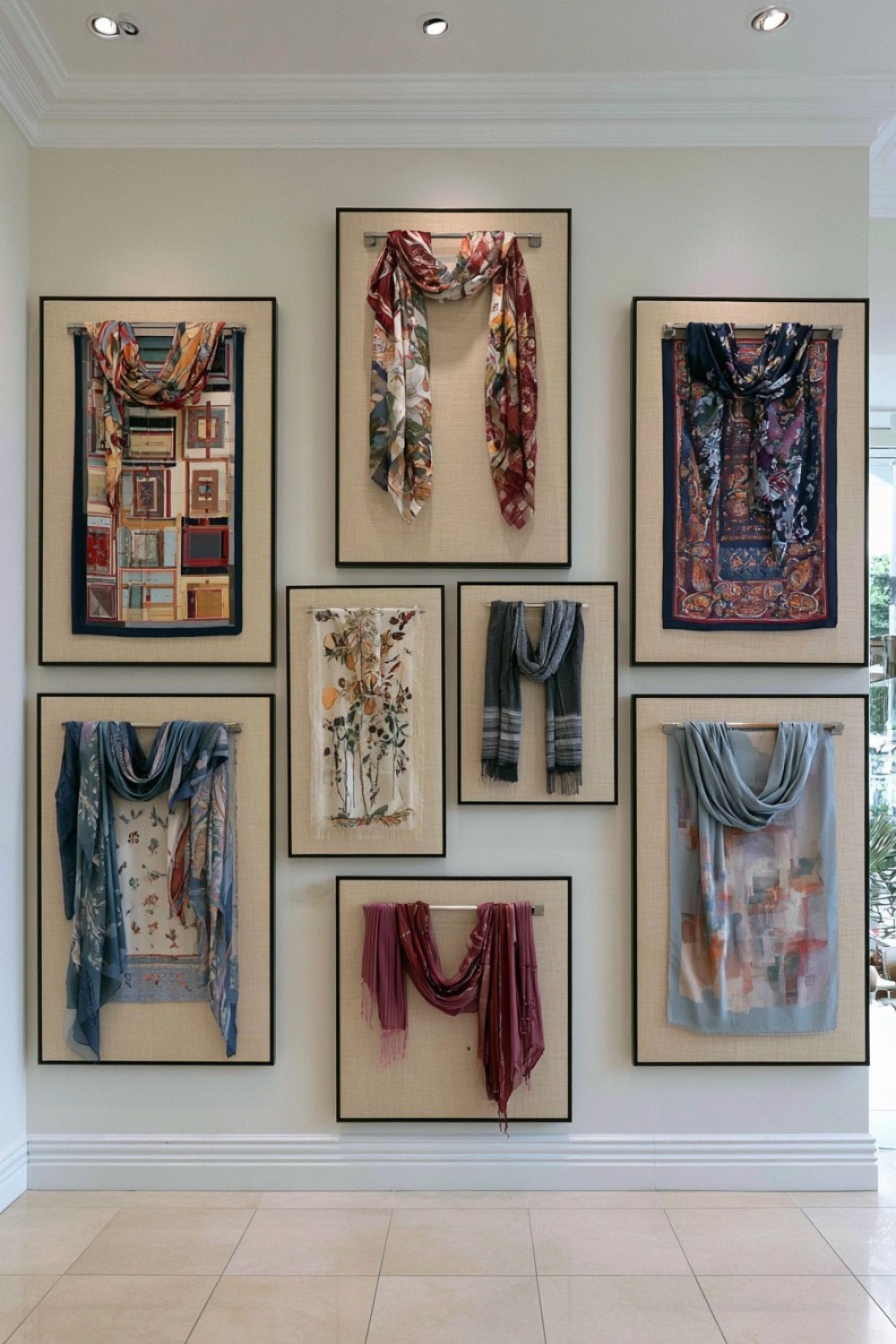 Featured scarves mounted on fabric-covered boutique display boards