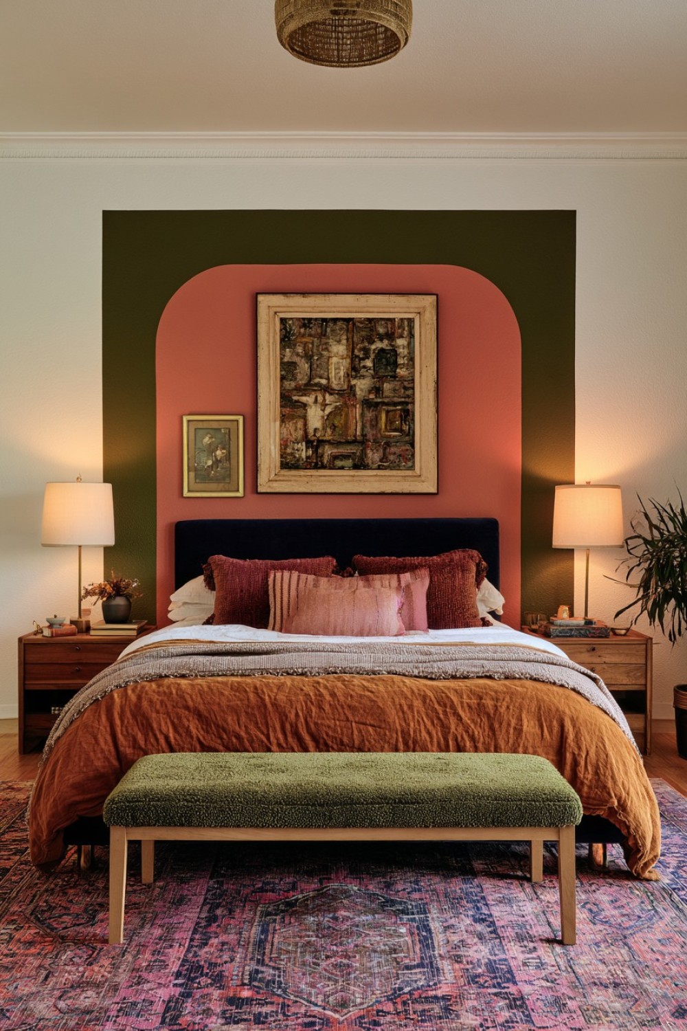 Moody painted color block framing an eclectic bedroom bed